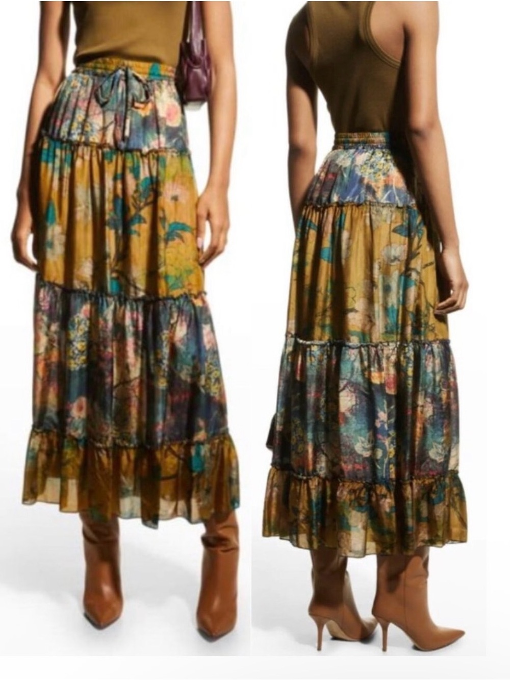 Johnny Was Lotus Percy 100% Silk Tiered Maxi Skirt size XS